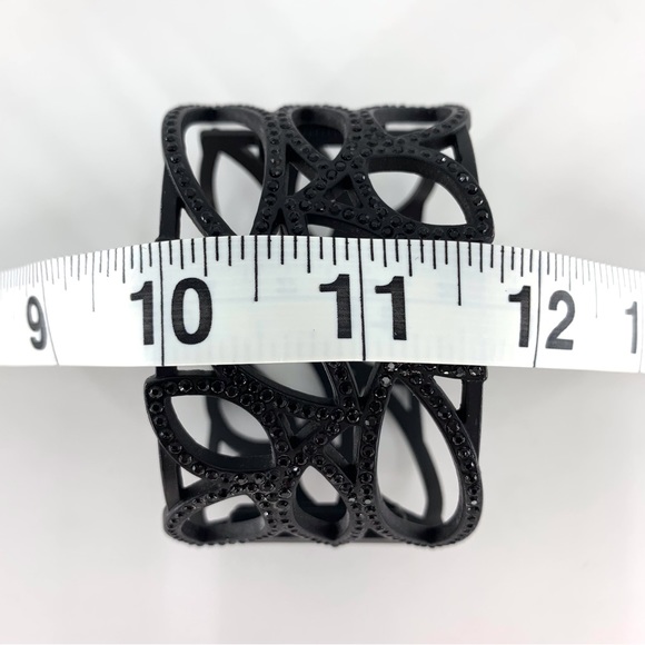 Black Rhinestone Encrusted Hollow Leaf Patterned Hinged Cuff Bracelet - Picture 12 of 14